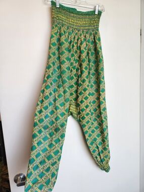 Green Patterned Smocked Waist Harem Pants